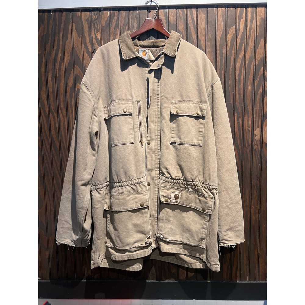 Carhartt Sandstone Duck Arctic Coat Tan Sherpa Lined Distressed Jacket 29x35